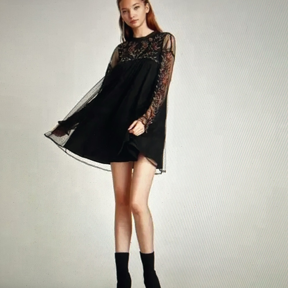 ZARA Plumetis Embroidered Beaded Babydoll Dress XS Black Tassled